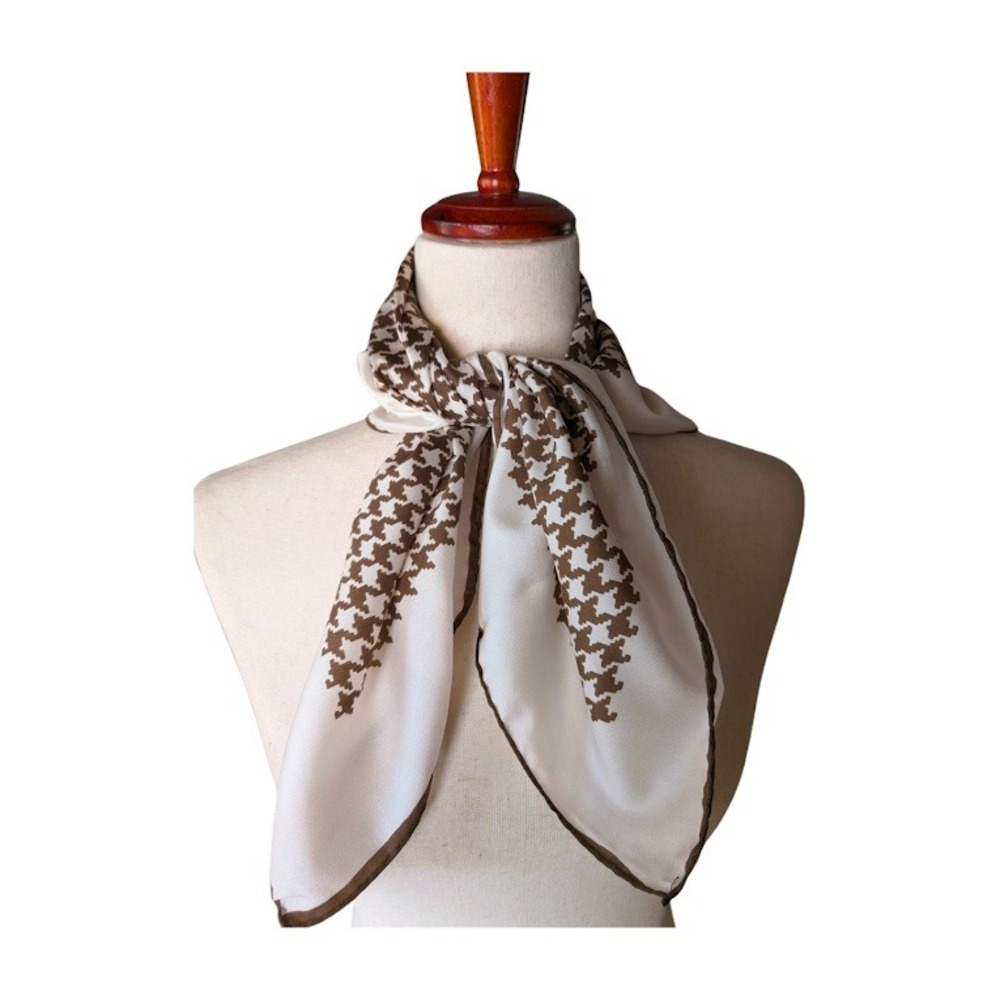 Vintage Style Brown Houndstooth‎ Square Scarf Neckerchief Headwrap Cream Brown